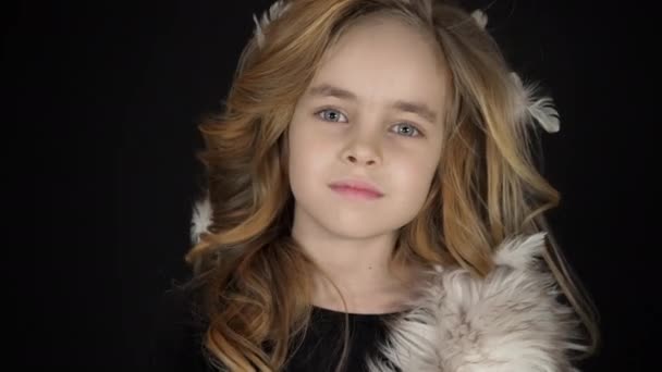 Serious beauty fashion little girl look camera, portrait of kid model pose child — Stok video