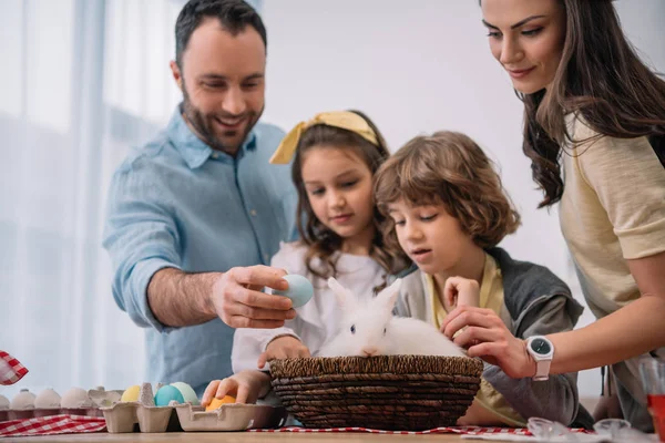 Young Family Preparing Easter Holiday Rabbit Sitting Table — Stock Photo, Image