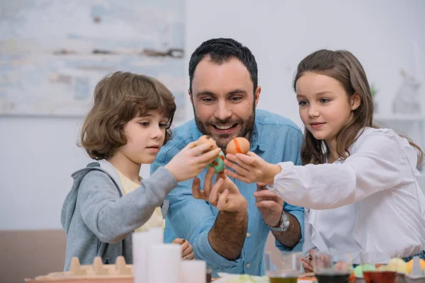 Father Kids Looking Freshly Painted Easter Eggs Stock Picture