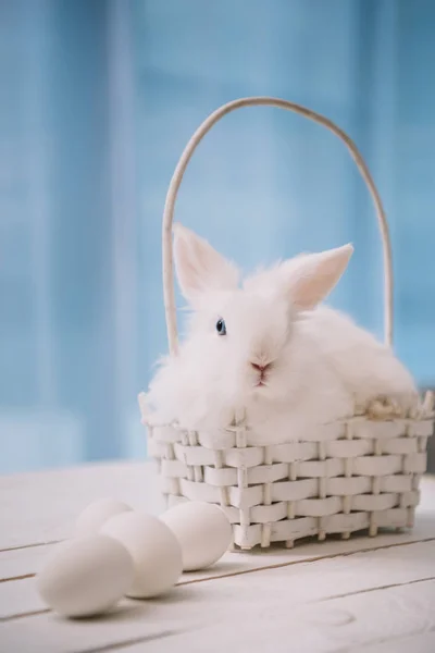 Weißer Osterhase sitzt im Korb mit Eiern auf dem Tisch — Stockfoto