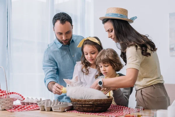 Giovane famiglia che gioca con coniglietto mentre si prepara per Pasqua — Foto stock