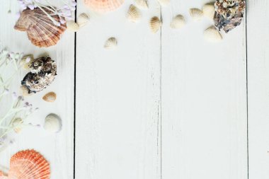 Vintage Fotoğraf Çerçevesi ile deniz kabukları ahşap masa üst arka plan üzerinde