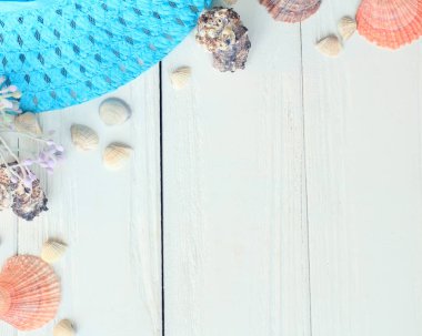 plaj hasır şapka ve kabukları üzerinde metin için yer ile ahşap bir background.photo