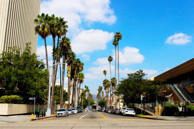Los Angeles, Kaliforniya, Usa. 20 Eylül 2019. Los Angeles 'taki Koreatown Merkezi. Hollywood 'a giden uzun palmiye ağaçları.