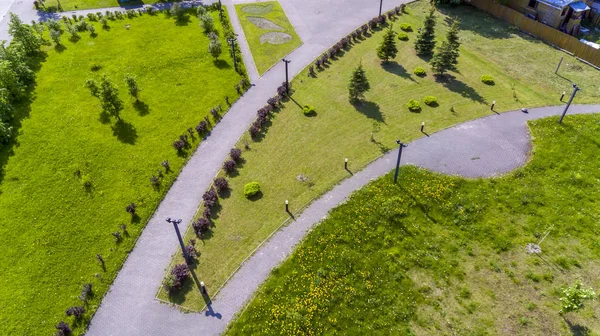 Landscape lawn design of urban park area, aerial view