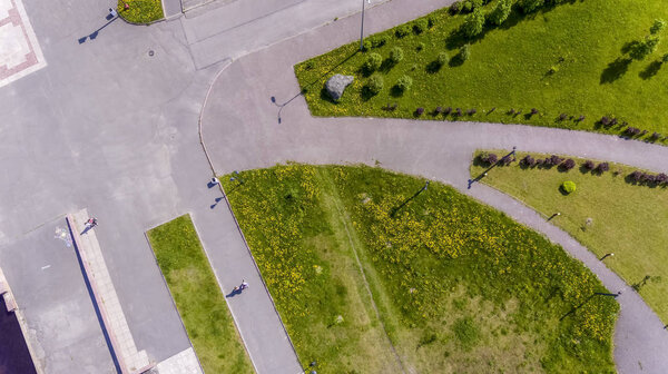 Landscape design of the urban park area, aerial view
