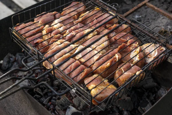 グリルでピクニックのための生の豚肉のジューシーなスライス — ストック写真