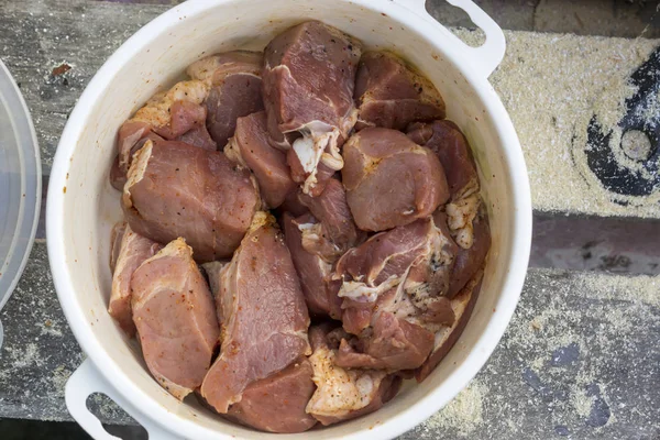 Morceaux Porc Cru Juteux Avec Des Épices Pour Pique Nique — Photo