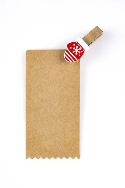 Vertical Empty Paper Tag Little Christmas Mitten Holding — Stock Photo, Image