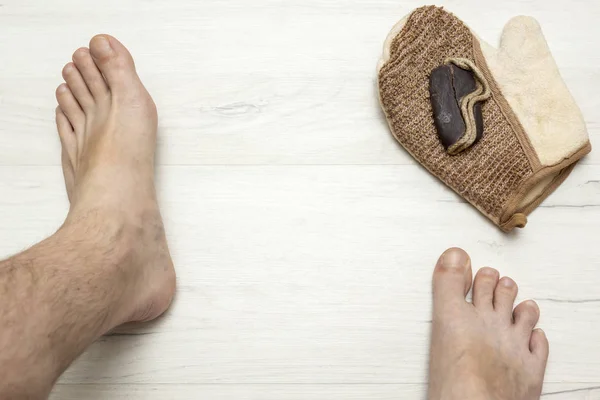 Bare Feet Man Tar Soap Washcloth Wooden Board — Stock Photo, Image
