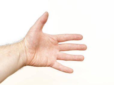 Beyaz arka planda parmakları açık beyaz bir adamın avuç içi