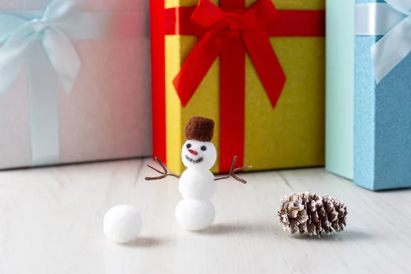 Christmas Snowman Gift Boxes Wooden Background — Stock Photo, Image