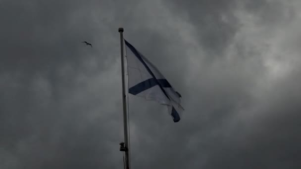 Клапан Морського Військового Прапора Росії Пурхає Вітрі Похмурому Штормовому Небі — стокове відео