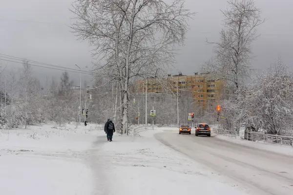 Pedestrians Cars City Street Winter Snowy Day — Stock Photo, Image