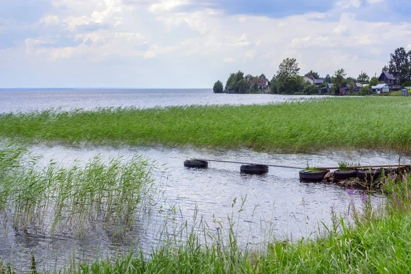Сільські Будинки Озері Російський Водний Ландшафт Літній Хмарний День — стокове фото