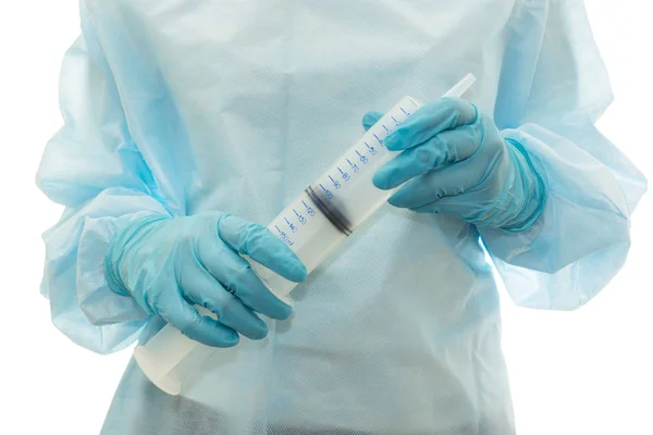 Mãos Médico Vestido Estéril Luvas Segurar Seringa Grande Isolado — Fotografia de Stock