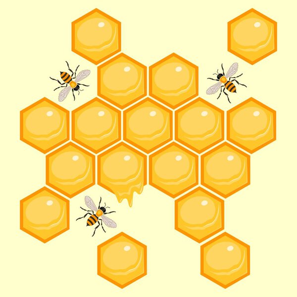 Honeycombs with bees. Honey background with honeycombs and bees. Vector illustration