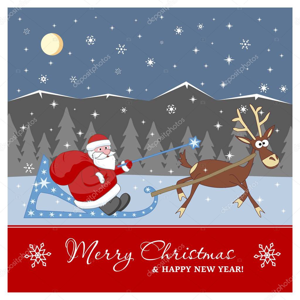 Santa-Claus with a big bag of gifts on sleigh. Merry Christmas and Happy New Year Holiday greeting card