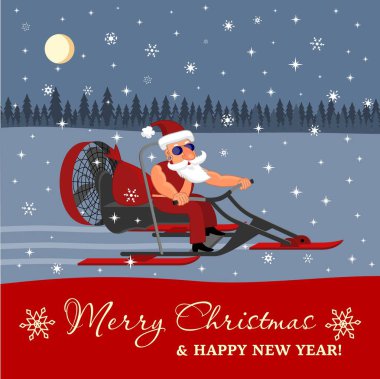 Kar motosikletli kötü Noel Baba ve karlı bir yolda hediyeler. Mutlu Noeller ve mutlu yıllar Noel tebrik kartı.