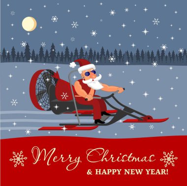 Bad Santa Claus on a snowmobile rides with gifts on a snowy road. Merry Christmas and Happy New Year Holiday greeting card clipart