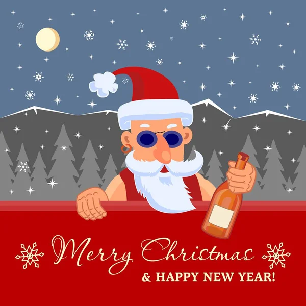 Babbo Natale cattivo con bottiglia di alcol. Buon Natale e felice anno nuovo Biglietto di auguri per le vacanze — Vettoriale Stock