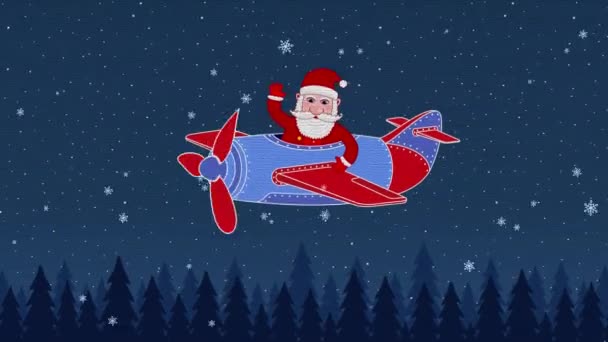 2-dimensionale animierte Grafiken, die zeigen, wie Weihnachtsmann oder Nikolaus an Heiligabend im Flugzeug winkt. Voll hd — Stockvideo