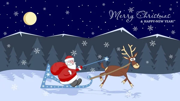 Babbo Natale con una grande borsa di regali sulla slitta. Buon Natale e felice anno nuovo Biglietto di auguri per le vacanze — Vettoriale Stock