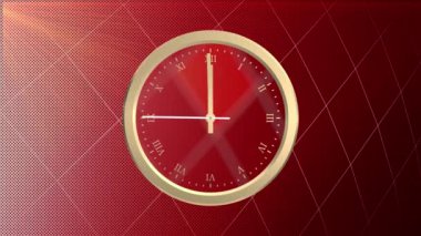 Soyut koyu kırmızı dijital arkaplanda canlandırılmış altın saat. 12 'ye son 20 saniye..