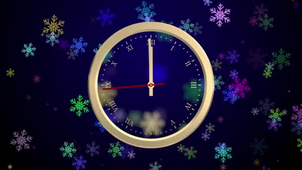 Orologio d'oro animato. Fiocchi di neve cadono su uno sfondo blu scuro. Ultimi 20 secondi a 12 oclock . — Video Stock