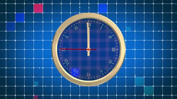 Relógio de ouro animado em um fundo 3d digital azul abstrato. Últimos 20 segundos a 12 oclock . — Vídeo de Stock