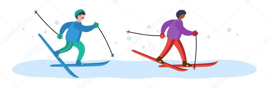 Racing two skiers in sports competitions. Vector illustration