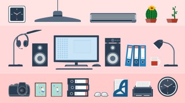 Çalışma ortamı. İş yeri eşyaları. Vektör illüstrasyonları ayarlandı