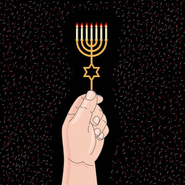 Holding a menorah with burning candles. Black background