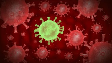 Koyu kırmızı zemin üzerinde Coronavirus molekülü. Coronavirus tehlikeli grip