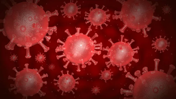 Cząsteczki koronawirusów na ciemnoczerwonym tle. Niebezpieczna grypa koronawirusowa — Zdjęcie stockowe