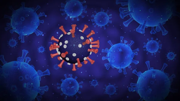 在深蓝色背景上的冠状病毒分子。Coronavirus危险流感 — 图库照片