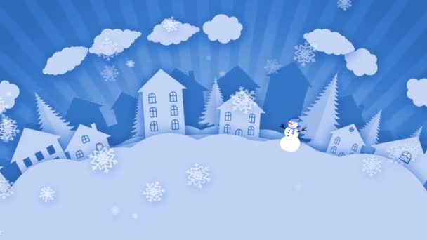 Noche de Navidad nevada en un pueblo pequeño. Caída de copos de nieve. Dibujos animados. Diseño de invierno de papel — Vídeo de stock