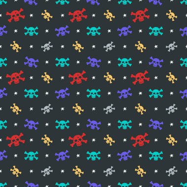 Kafatası ve çapraz kemikleri olan çok renkli, pürüzsüz bir desen. Jolly Roger. Paket kağıdı, kumaş, elbise, tişört, çanta. Düz tasarım