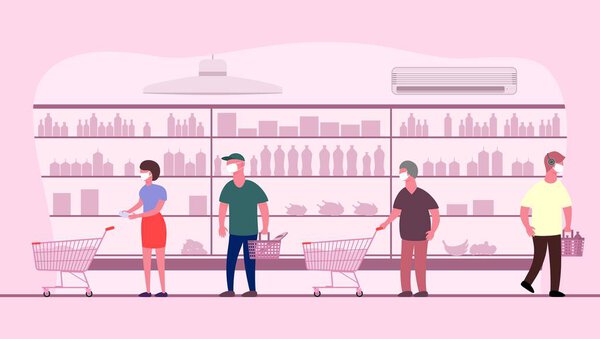 Social distancing in supermarket. Keep distance from other people. Save life from new coronavirus outbreak. Vector illustration.