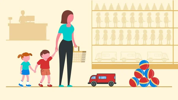 Padres con hijos en un mercado infantil. Mamá sostiene a los niños de la mano. Composición sobre fondo amarillo claro. Ilustración vectorial — Vector de stock