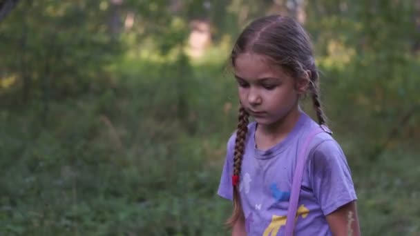 A menina caminha pela floresta — Vídeo de Stock