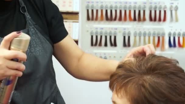 Stylist sprüht Lack auf die Haare — Stockvideo