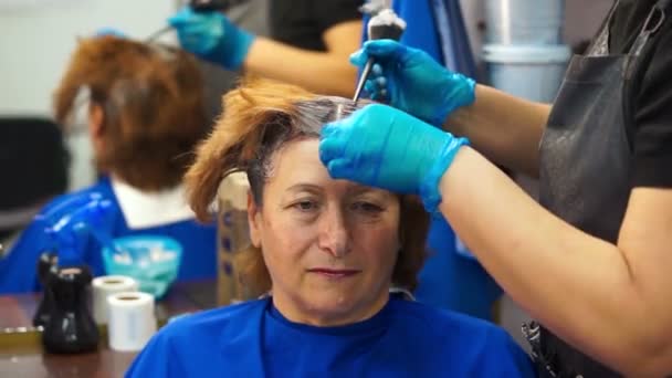 Mujer en peluquería tinte para el cabello — Vídeos de Stock