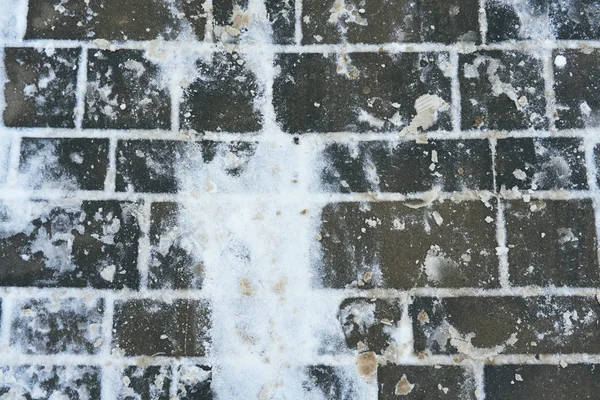 Sidewalk tiles in the winter on a thin layer of snow that melted from the heat of the city\'s communication