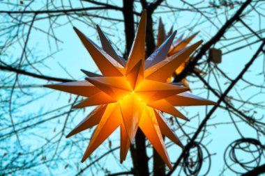 Gökyüzü arka plan ağaç üzerinde asılı büyük turuncu yıldız dekorasyon