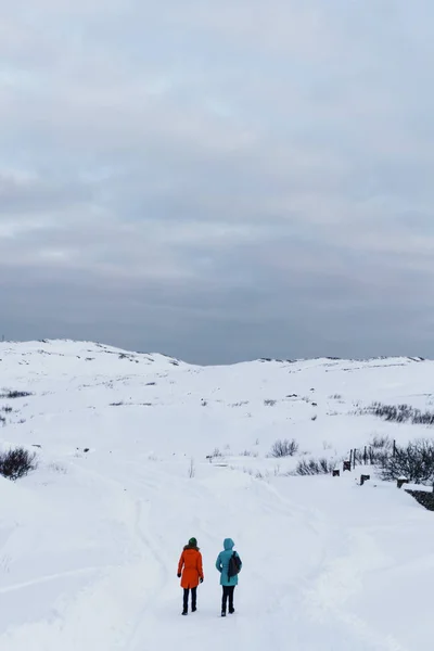 Dwie młode dziewczyny w jasnej kurtki podróży na ośnieżone szczyty tundra w zimie w mróz tonie w śniegu — Zdjęcie stockowe