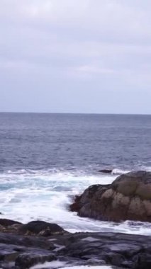 Frost büyük kayalar ile karlı bir plajda kışın Kuzey Buz Denizi kıyısında dikey video çekimi