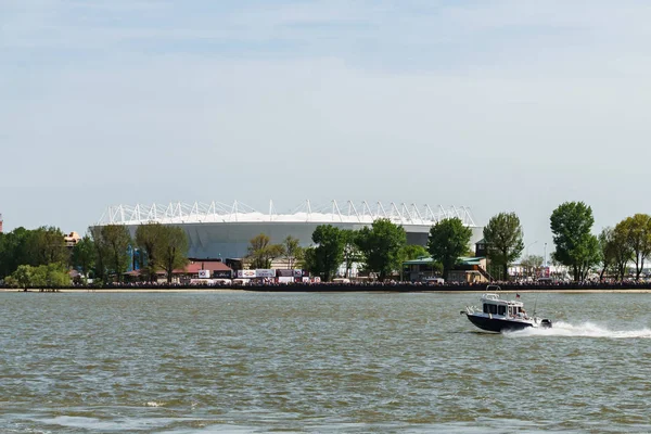 Rostov-on-Don / Russia - May 2018: The first in the history of the city parade of warships from the Black and Caspian Seas on the Don River in front of the new stadium Rostov Arena — Stock Photo, Image