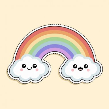 Duygu bulutlar ile renk gökkuşağı. Çizgi film etiketi dağılımı ile çizgi roman tarzında. Dekorasyon için tebrik kartları, posterler, yamalar, amblem, etiket, simge, giysi logo için yazdırır.