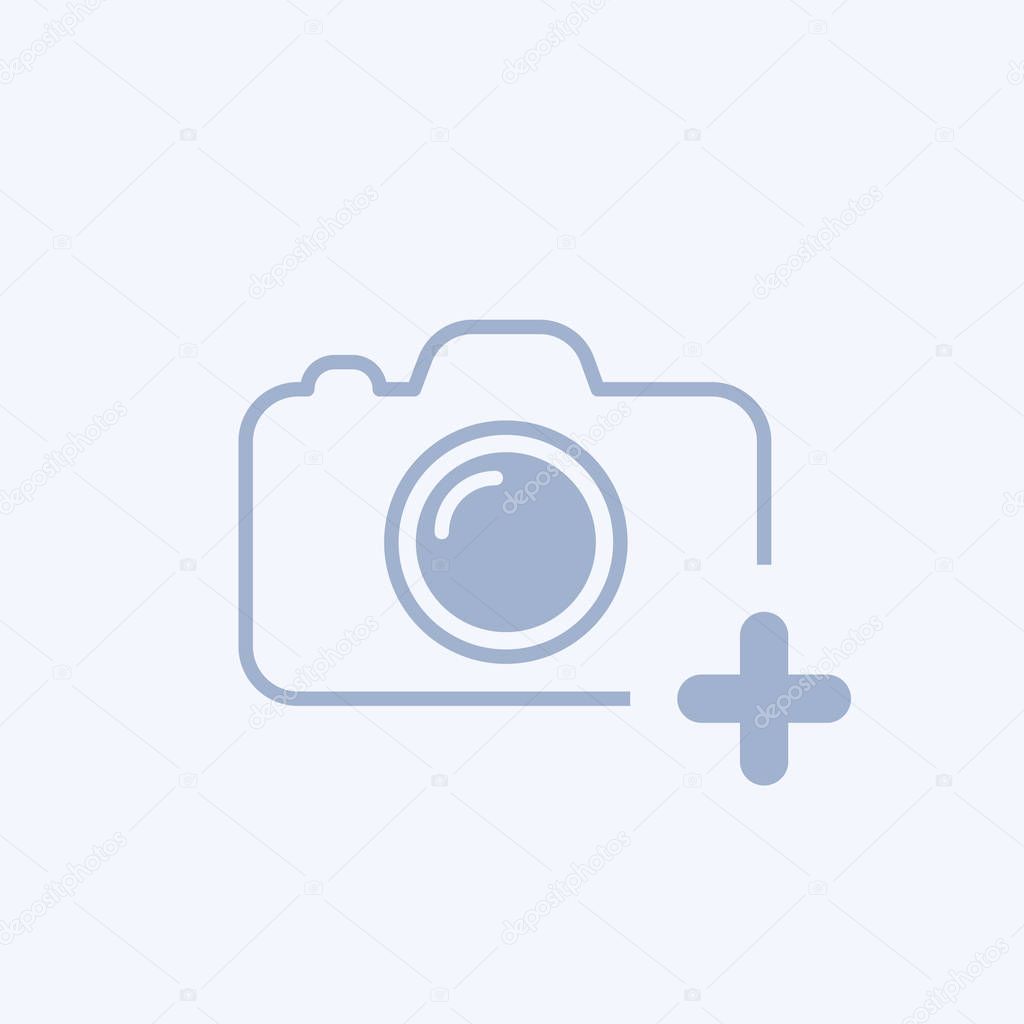 Camera icon with add sign. Camera icon and new, plus, positive concept. Vector icon